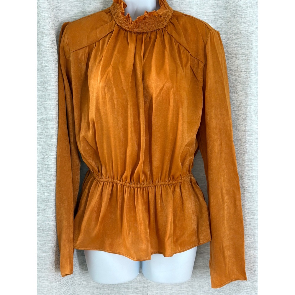 Endless Rose Burnt Orange Ruffle Neck Smocked Waist Peplum Blouse Small NWT